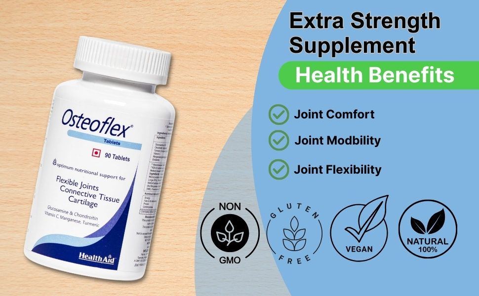 HealthAid Osteoflex with Hyaluronic Acid, Glucosamine & Chondroitin – 30 Tablets | With Vitamin C, Manganese & Curcumin | Joint Care Supplement for Cartilage, Connective Tissue & Flexibility