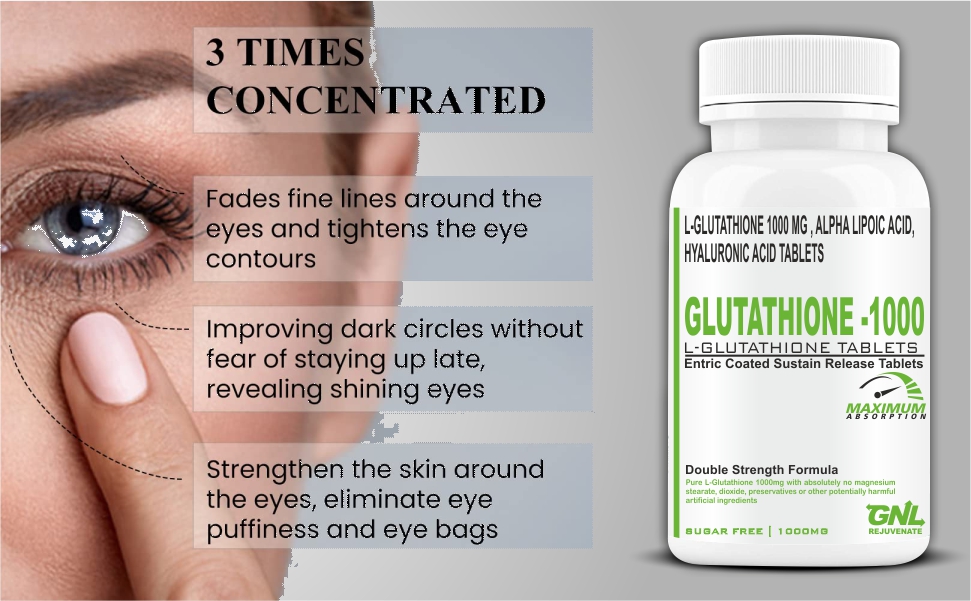 GNL Glutathione Tablets 1000mg For Skin, L Glutathione With Alpha Lipoic Acid, Hyaluronic Acid, Biotin, Vitamin C, B12, Grape Seed And Superfood Extracts -60 Tablet