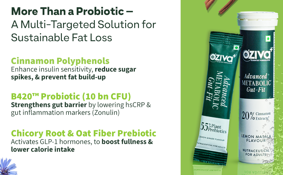 OZiva+ Advanced Metabolic Gut-Fit For Gut & Metabolic Heath | With Cinnamon Polyphenols, B420™ Probiotic, Oat Fiber Prebiotic | 30 Sachets + 30 Effervescent Tablets