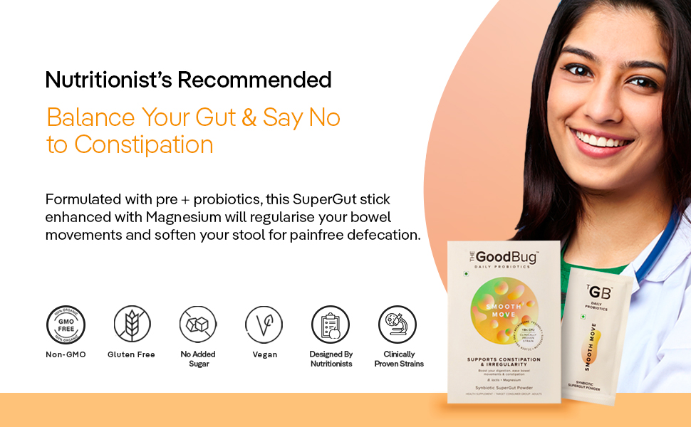 The Good Bug Smooth Move SuperGut Powder|1 Billion CFU of Clinically Proven Strains| Pre + Probiotic + Nutrients|Eases Constipation|Helps Regularise Bowel Movements|30 Days Pack, 30 grams