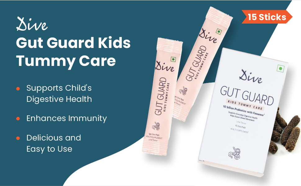 DIVE Gut Guard Kids Tummy Care -Pre & Probiotic | Boost Your Child's Gut Health| Reduce Indigestion | Strengthens Immunity |10 Billion CFU Clinically Proven Strains|15 Days Pack