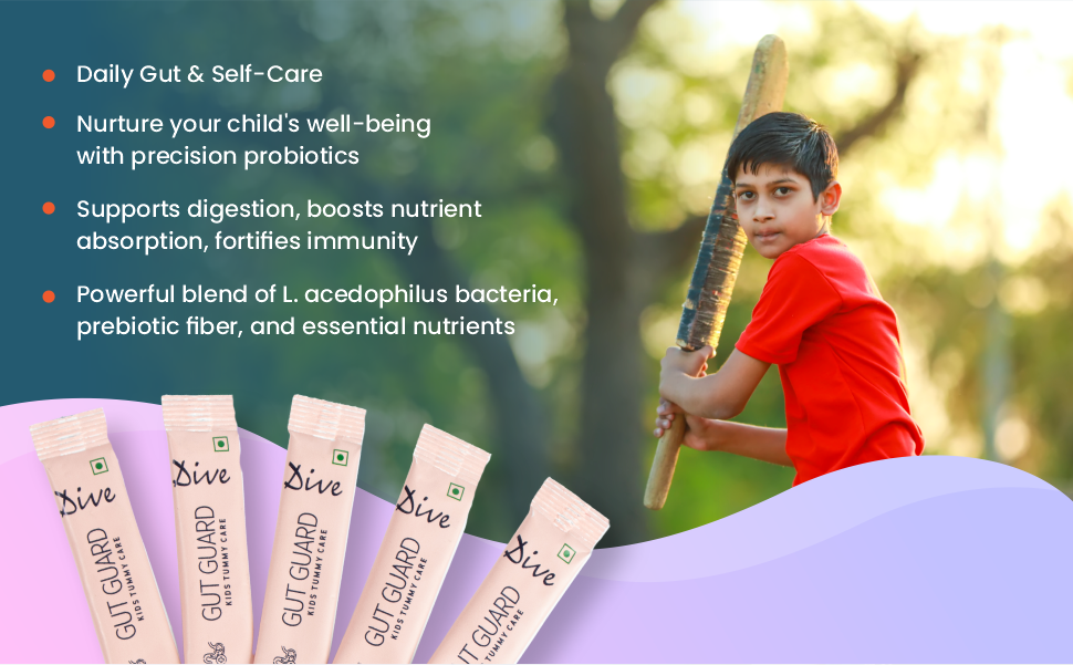 DIVE Gut Guard Kids Tummy Care -Pre & Probiotic | Boost Your Child's Gut Health| Reduce Indigestion | Strengthens Immunity |10 Billion CFU Clinically Proven Strains|15 Days Pack