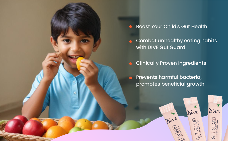 DIVE Gut Guard Kids Tummy Care -Pre & Probiotic | Boost Your Child's Gut Health| Reduce Indigestion | Strengthens Immunity |10 Billion CFU Clinically Proven Strains|15 Days Pack