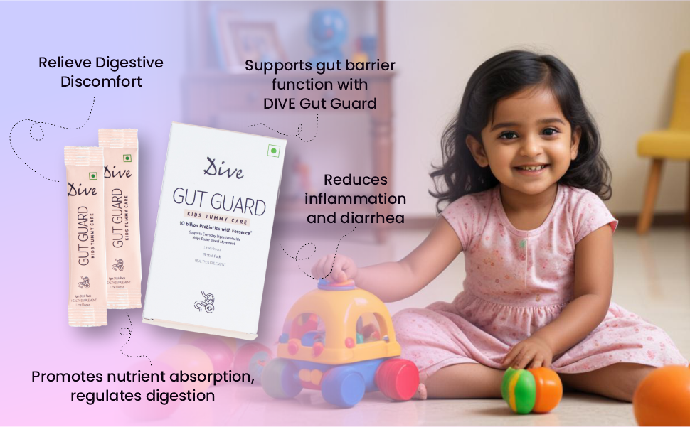 DIVE Gut Guard Kids Tummy Care -Pre & Probiotic | Boost Your Child's Gut Health| Reduce Indigestion | Strengthens Immunity |10 Billion CFU Clinically Proven Strains|15 Days Pack