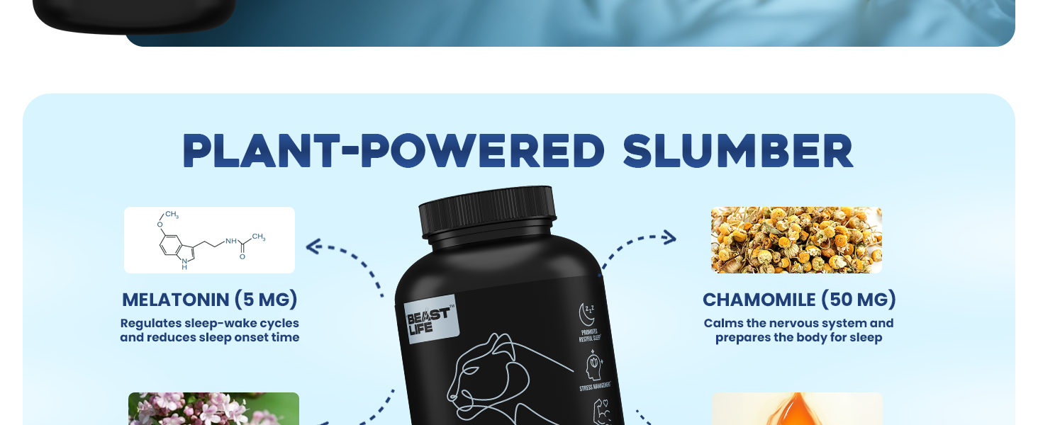 BeastLife Melatonin Plus 5mg Capsules with Valerian, Chamomile & Vitamin B6 | Sleep Support Supplement for Deep Sleep, Natural Sleeping Aid, Non-Habit Forming Night Rest Formula | Relieves Stress & Anxiety | Enhances Relaxation & Focus | 60 Capsules