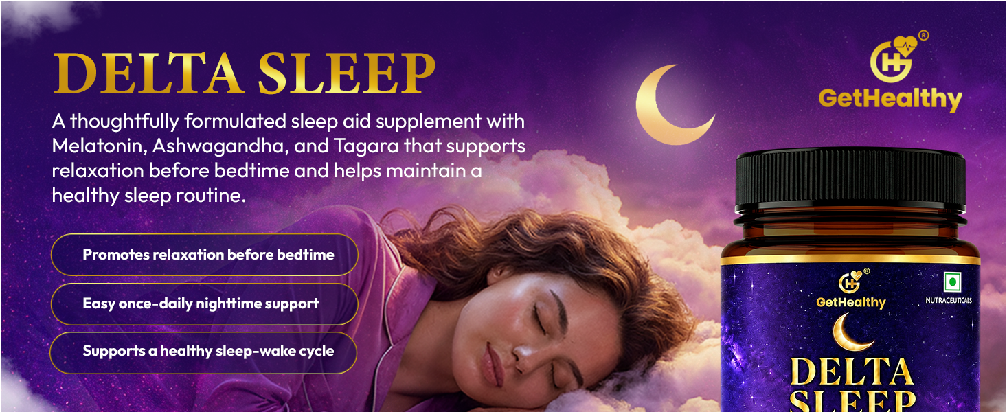 GetHealthy® Delta Sleep™ Premium Sleep Support Supplement | Melatonin 10 mg with L-Theanine, Ashwagandha, Tagara, Chamomile, Hops, Tulsi, Vegan D3, Vitamin C, B1 & B6 | Calm Mind, Stress Support & Night Recovery | Lab Tested | 30 Capsules | 30 Day Supply