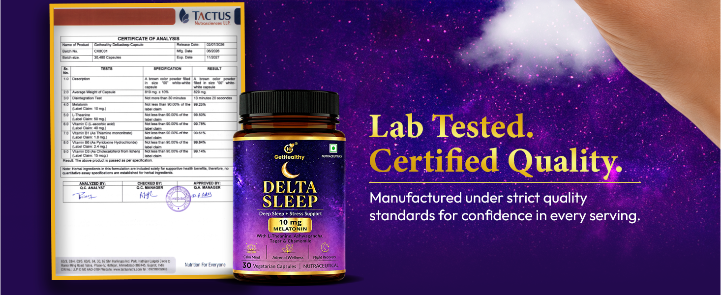 GetHealthy® Delta Sleep™ Premium Sleep Support Supplement | Melatonin 10 mg with L-Theanine, Ashwagandha, Tagara, Chamomile, Hops, Tulsi, Vegan D3, Vitamin C, B1 & B6 | Calm Mind, Stress Support & Night Recovery | Lab Tested | 30 Capsules | 30 Day Supply