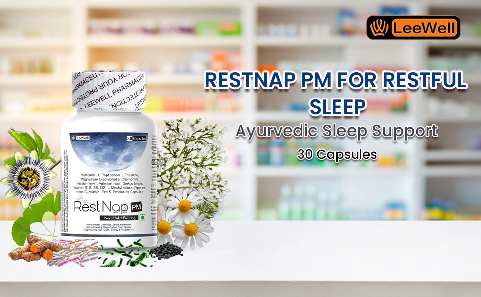 Restnap -Pm by LeeWell Sleep Support Supplement | melatonin 10mg | Magnesium Bisglycinate, Vitamin D, Vitamin B12, L Theanine, L Tryptophan, Chamomile flower, Passionflower, Valerian root | pre probiotics 30 Capsules