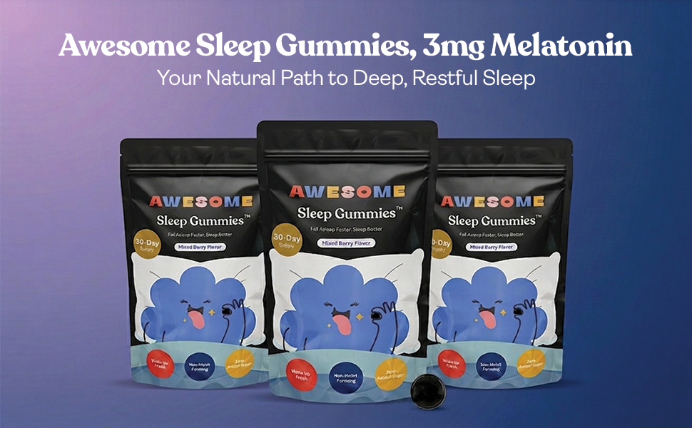 AWESOME Sleep Gummies, 3mg Melatonin & L-Theanine, Berry, 30 Nights