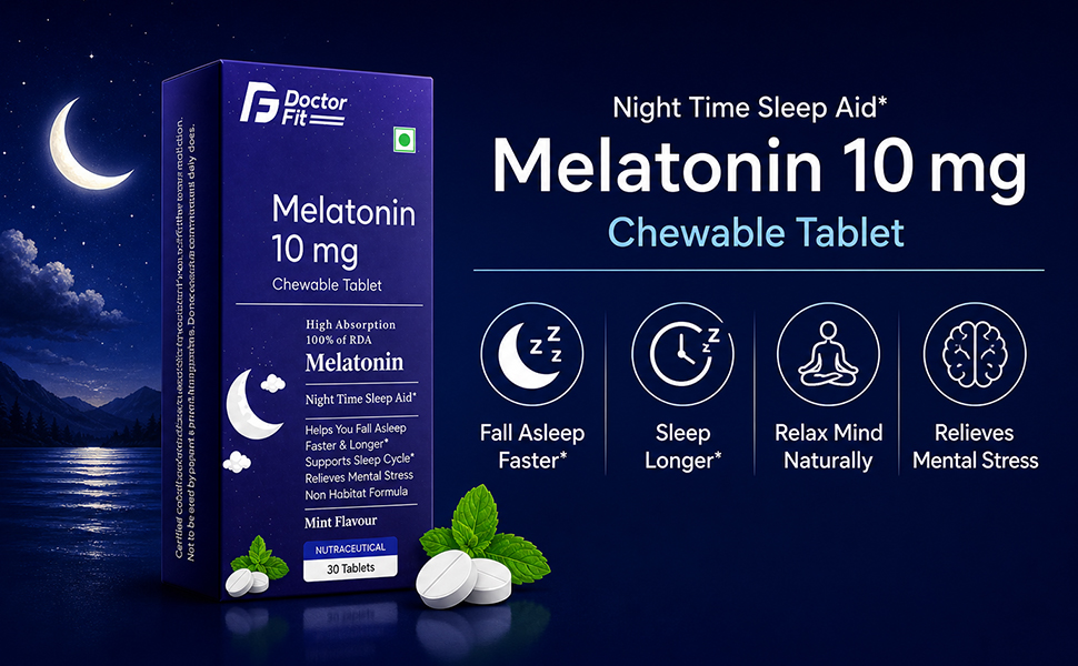 DoctorFit Melatonin 10 mg Tablets | Chewable Sleep Support Supplement | Mint Flavour | Supports Natural Sleep Cycle | Non-Habit Forming | 30 Tablets