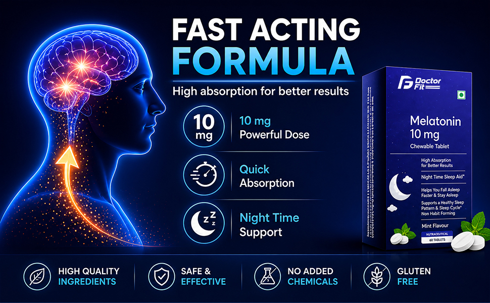 DoctorFit Melatonin 10 mg Tablets | Chewable Sleep Support Supplement | Mint Flavour | Supports Natural Sleep Cycle | Non-Habit Forming | 30 Tablets