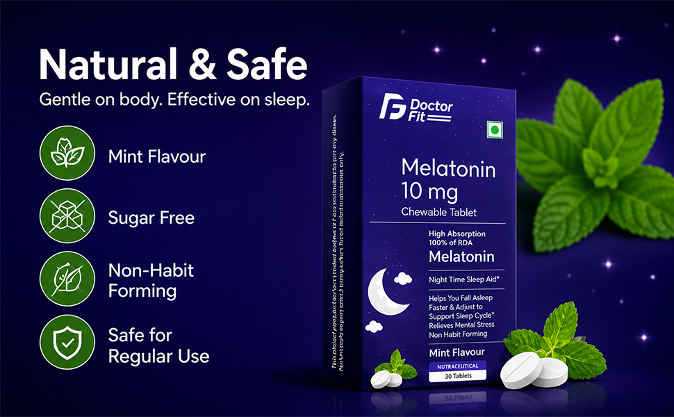 DoctorFit Melatonin 10 mg Tablets | Chewable Sleep Support Supplement | Mint Flavour | Supports Natural Sleep Cycle | Non-Habit Forming | 30 Tablets