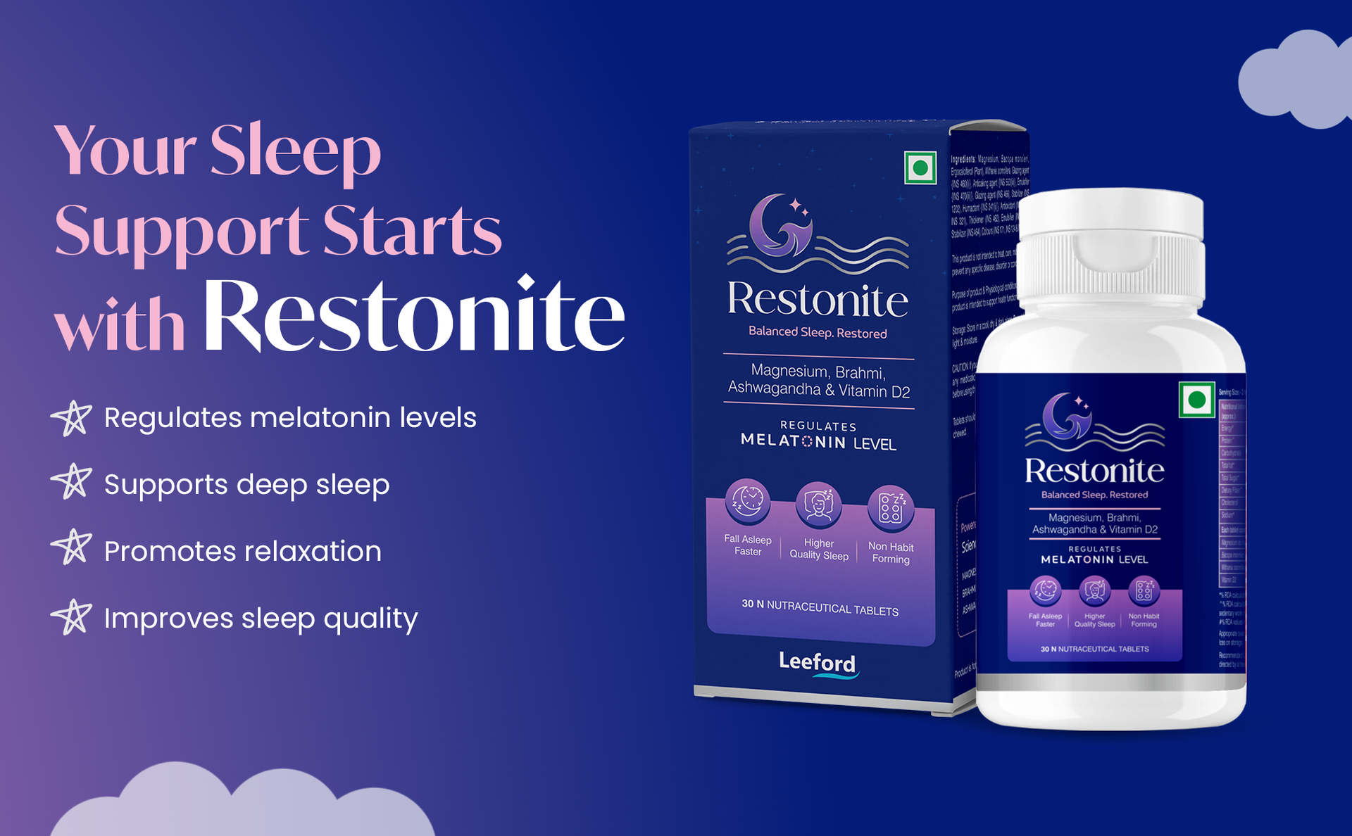 Restonite Sleep Tablets for Men & Women with Brahmi, Magnesium | 30 Tabs