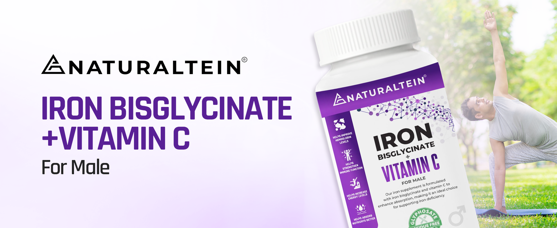NATURALTEIN Iron Bisglycinate with Vitamin C – 60 Tablets | 19 mg Elemental Iron | Gentle on Stomach | Supports Men’s Energy, Strength & Healthy Blood Levels