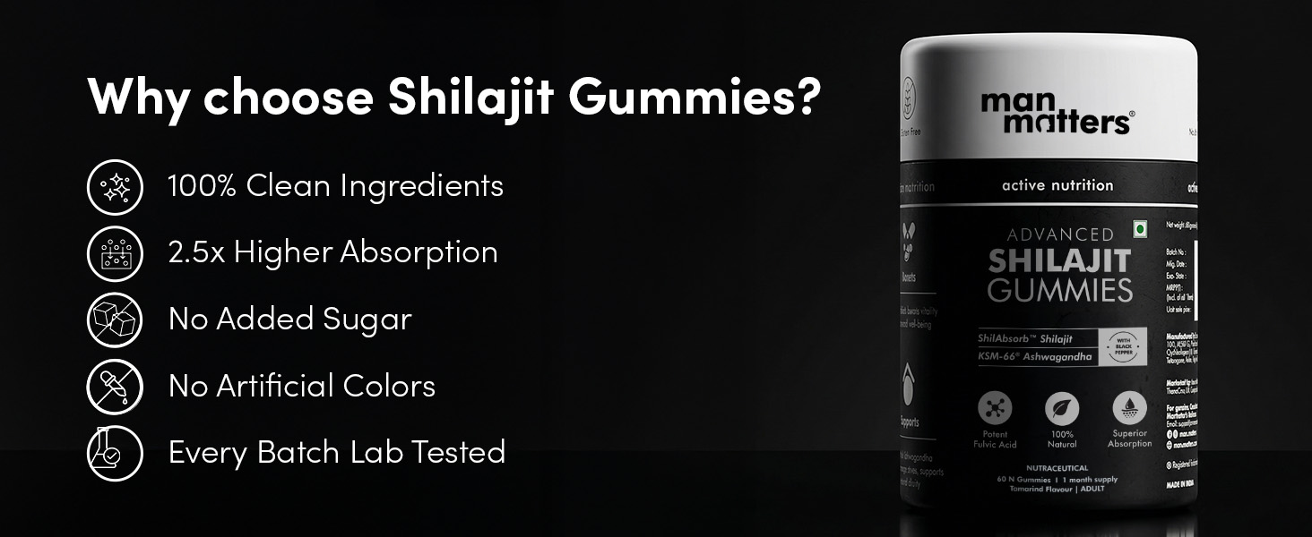 Man Matters Pure Shilajit/Shilajeet Gummies Advanced with Lab-Tested Fulvic Acid & KSM 66 Ashwagandha | Boosts Fitness, Improves Energy Levels & Helps Manage Stress | Pack of 60