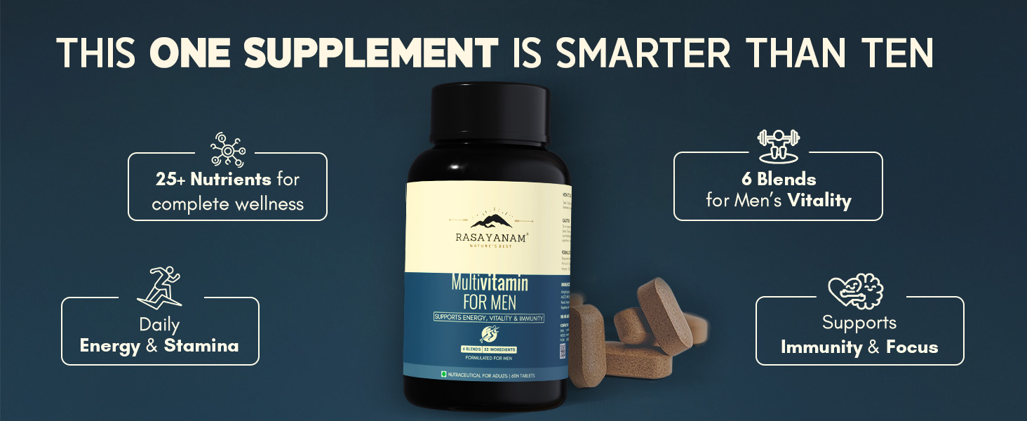 Rasayanam Multivitamin for Men | 52 Ingredients with 100% RDA of Vitamins & Minerals | Energy, Immunity, Performance, Bone, Joint & Heart Health | Daily Multivitamin Tablet for Men - 60 Tablets