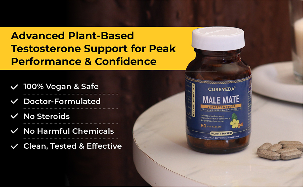 Cureveda Herbal Male Mate | Testosterone Support Supplement For Men | Tribulus, Mucuna, Safed Musli | 60 tab