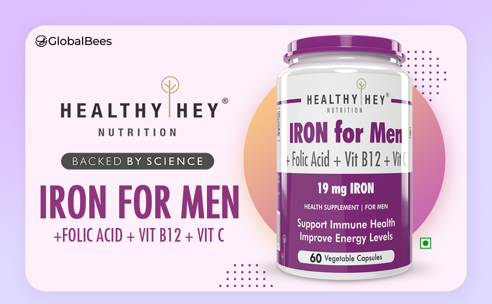 HealthyHey Nutrition Iron Supplement for Men -100% Chelated - With Vitamin B12, Folic Acid & Vitamin C for High Absorption (60 Veg Capsules)