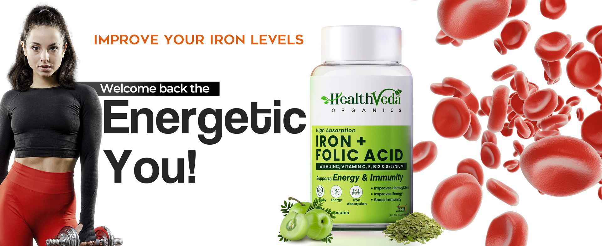 Health Veda Organics Chelated Iron Supplement with Folic Acid, Zinc, Vitamin C & B12 | Hemoglobin & Immunity Support | 60 Vegan Capsules