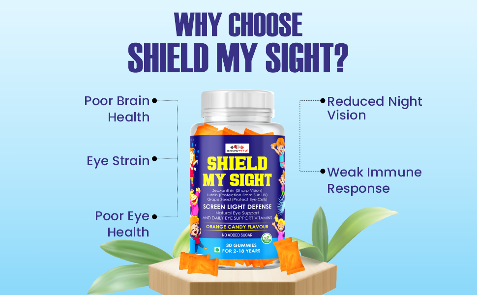 Growfitz Eye Defense Gummies with Lutein & Zeaxanthin | Reduces Digital Strain | Orange Flavor 30 Gummies | Eye Vision Support Supplement for Kids, Men & Women | Natural Ingredients, Multivitamins