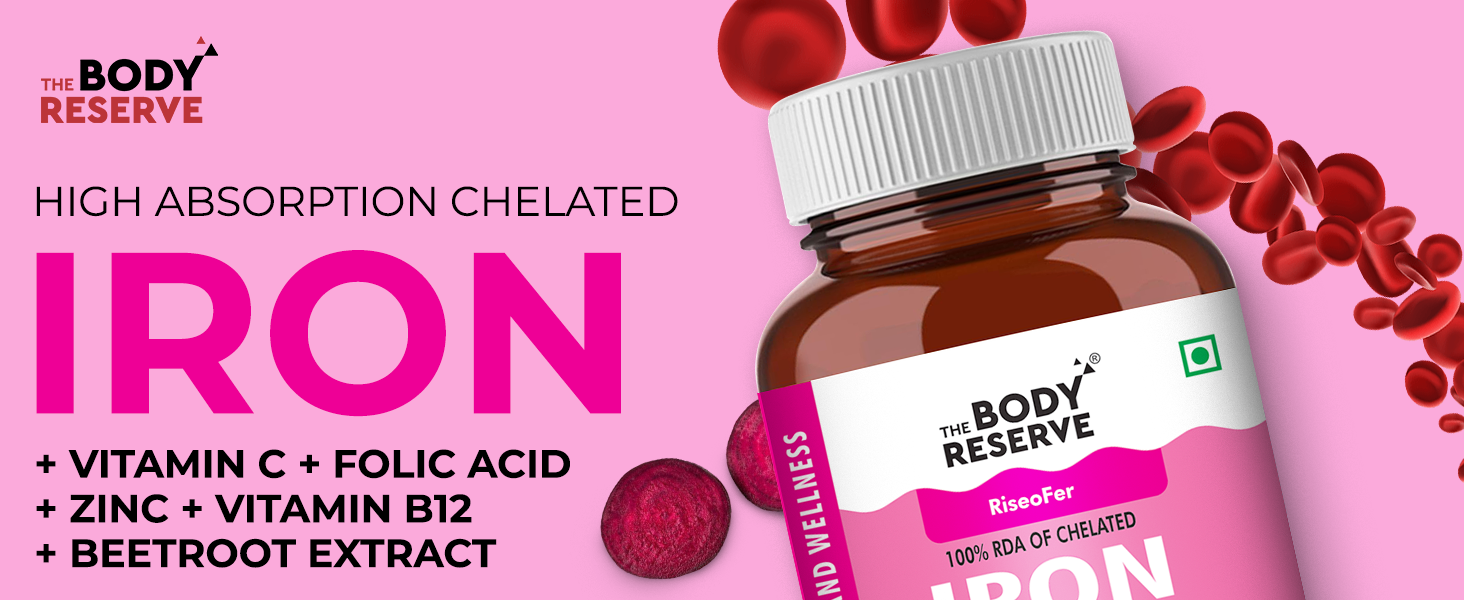 The Body Reserve Chelated Iron + Vitamin C Tablets-120 capsules with Vitamin B12,Zinc,Folic Acid,Beetroot Extract-High Absorption,Supports Blood Building,Energy & Immunity,100% RDA,1 count
