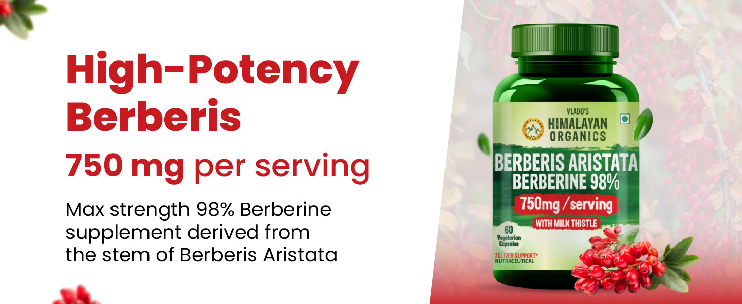 Vlado's Himalayan Organics Berberis Berberine 98% with Milk Thistle I Berberine HCL+ Capsules 750 mg | Berberine Supplements for 2X Liver Support I Control Blood Sugar I Berberis Aristata I Cholesterol Management I, Antioxidant, Anti-inflammatory & Weight Management | Herbal Formula for Detox & Metabolic Wellness - 60 Veg Capsules