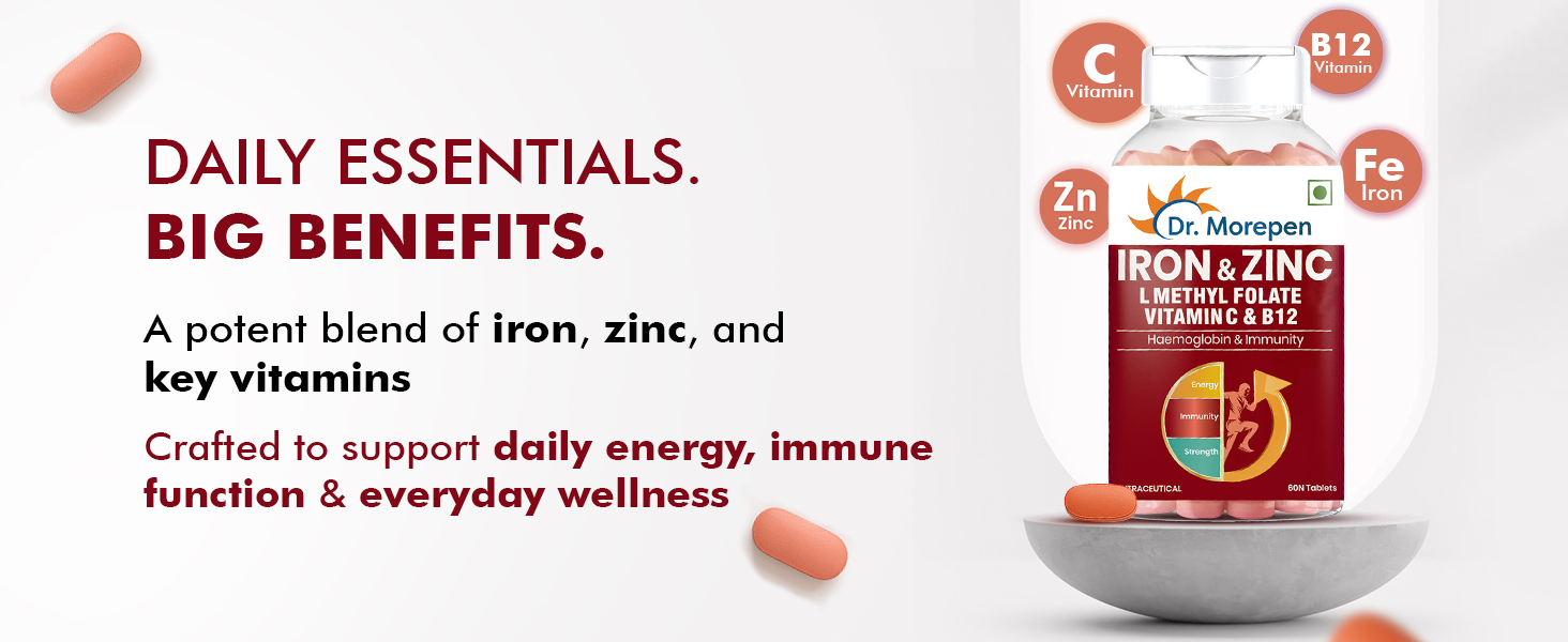 DR. MOREPEN Iron & Zinc Tablets | Enriched with Iron, Zinc, Vitamin C & B12 | Natural & Safe for Men and Women | 60 Veg Tablets