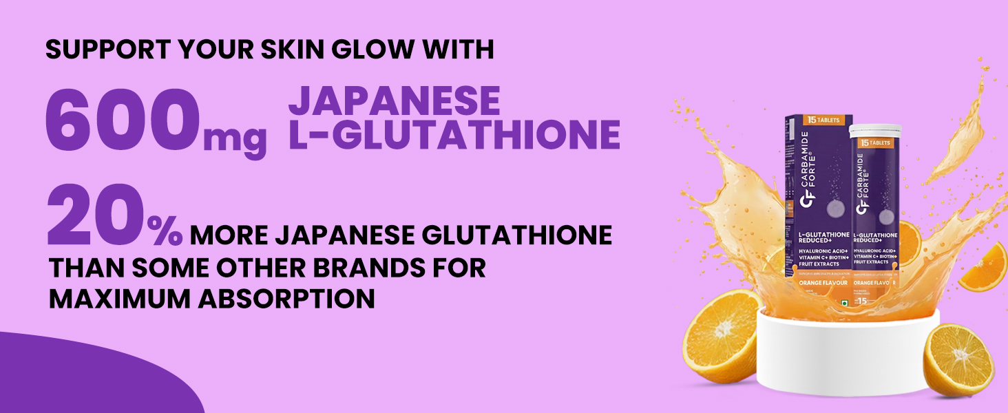 Carbamide Forte Glutathione Effervescent Tablets 600mg | Japanese Reduced L-Glutathione with Vitamin C, Hyaluronic Acid, Lycopene, Astaxanthin, Biotin, Selenium & Berry Extracts | Glutathione Supplement for Skin Glow & Antioxidant Support | Orange Flavour | 30 Effervescent Tablets