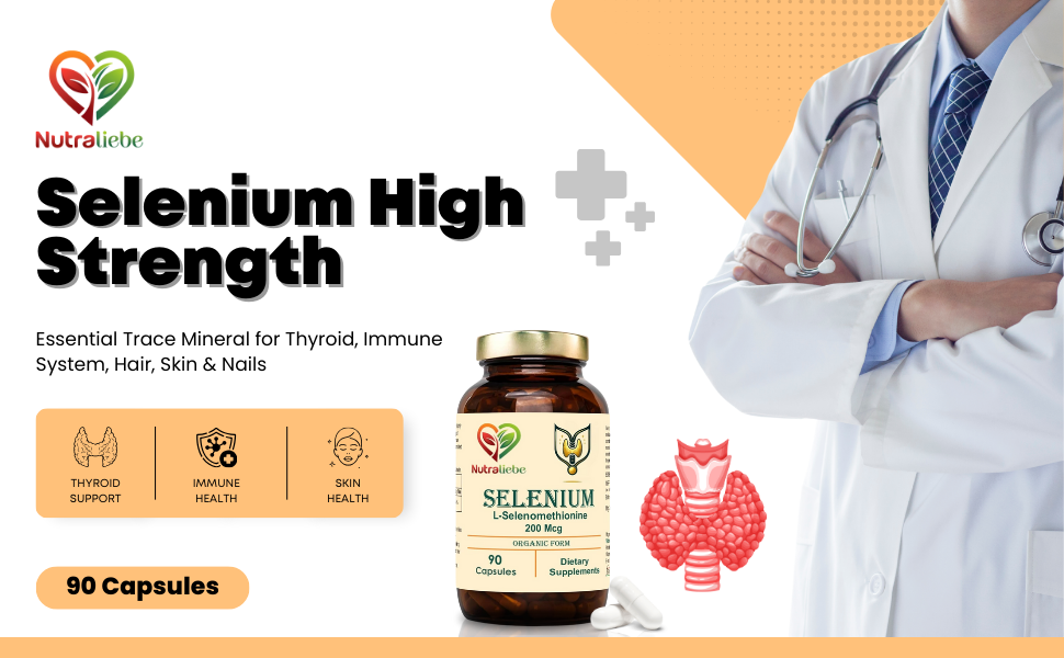 Selenium High Strength - Essential Trace Mineral for Thyroid, Immune System, Hair, Skin & Nails, 90 Capsules