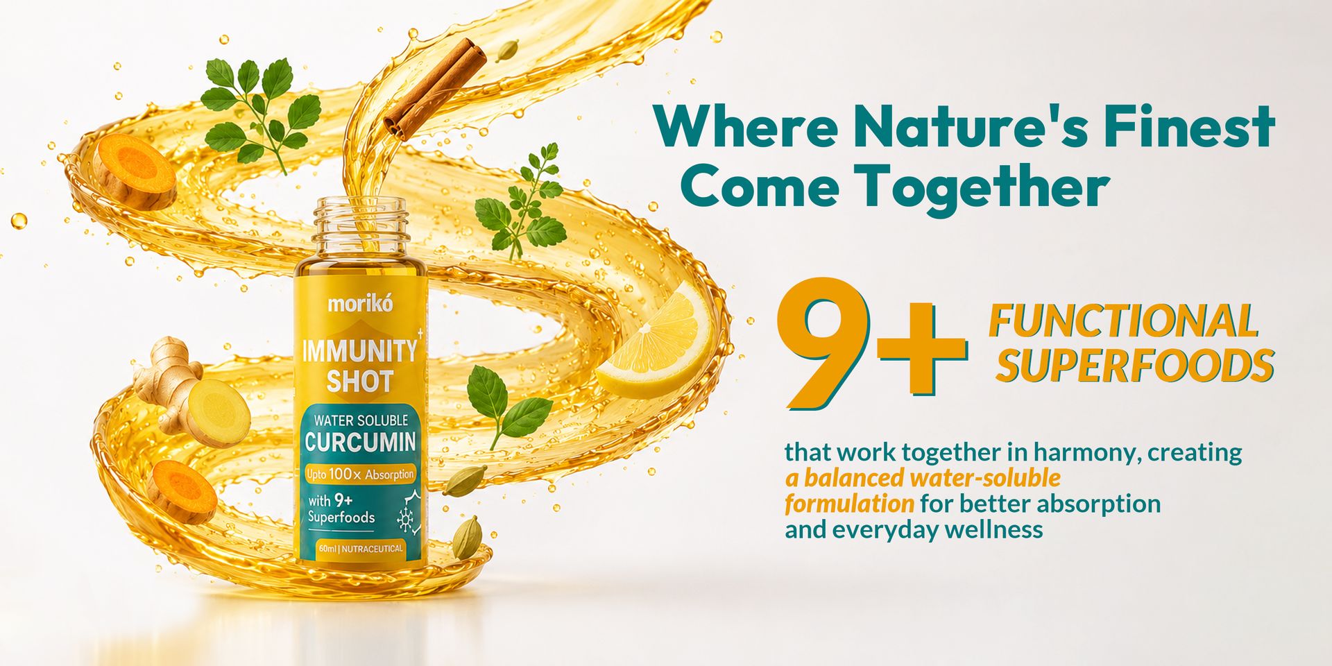 Moriko Immunity Shots | Water Soluble Turmeric Curcumin Shots with Moringa, Tulsi, Ginger, Ashwagandha and more | Supports Immunity, Metabolism, Heart Health, Oxidative Stress, Anti Inflammation | Natural & Pure (Pack of 6)