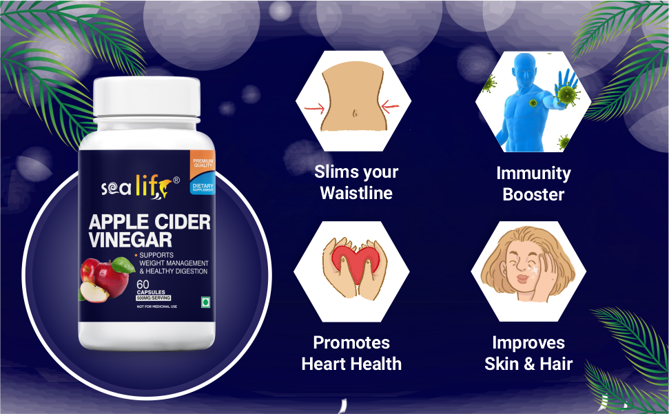 Sea Life Apple Cider Vinegar 500mg Capsules for Weight Loss Management (60 Veg Capsules Each),Boost Energy | Supports managing blood sugar levels | Improves Cholesterol Levels.Pack of-2