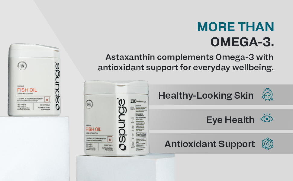 Spunge Omega 3 Fish Oil with Added Astaxanthin | 30 Softgels | High Strength EPA & DHA | Supports Heart, Brain, Eye & Joint Health | Daily Dietary Supplement