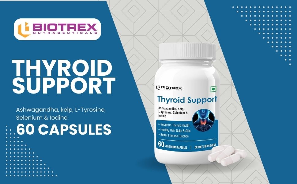 Biotrex Nutraceuticals Thyroid Care Supplement With Ashwagandha, Kelp, Selenium, L-Tyrosine & Iodine | Supports Thyroid Health & Mood Balance | Enhances Energy - 60 Vegetarian Capsules