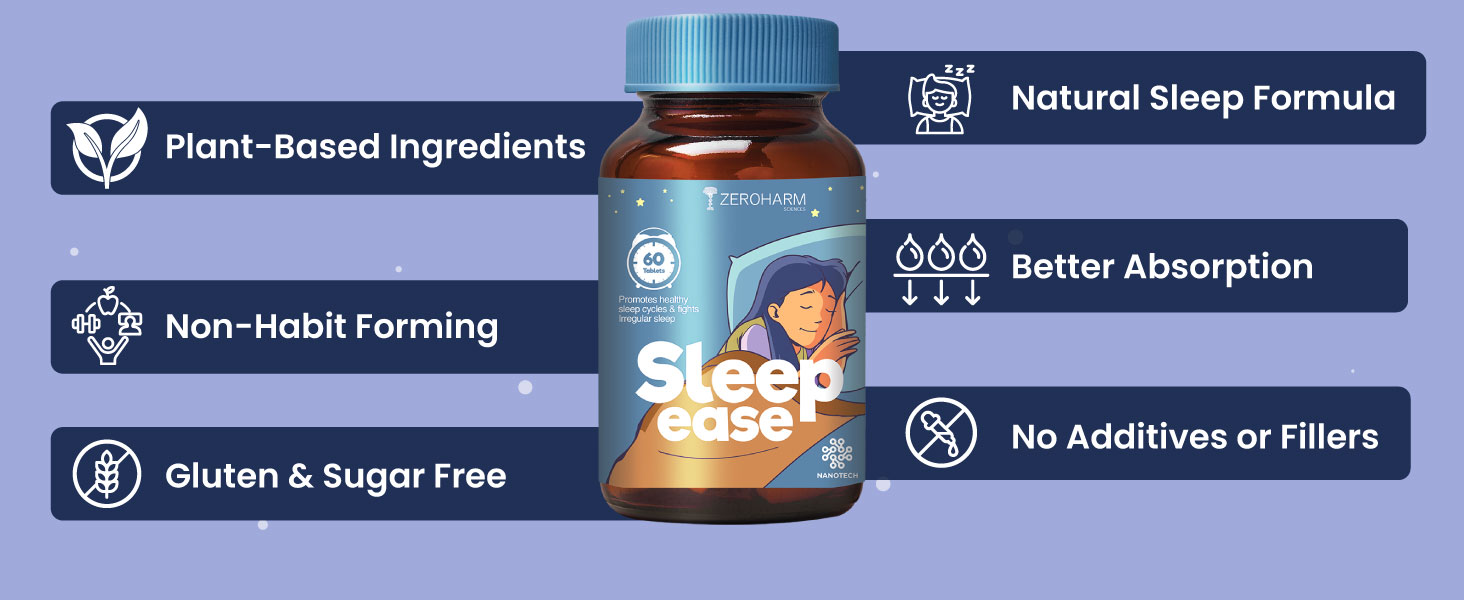 ZEROHARM Sleep Ease | No Melatonin | With Valerian, Ashwagandha, Jatamansi & Hops | Plant-Based Sleep Support | Non-Habit Forming | Promotes Deep Restful Sleep & Relaxation for Men, Women | 60 Tablets