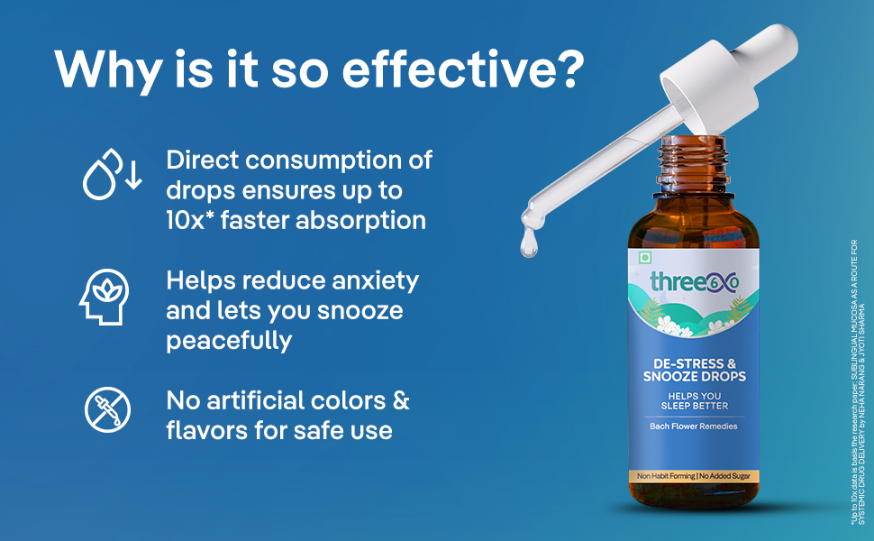 three60 De-Stress & Snooze Oral Drops | Melatonin-Free Sleep Supplement | Bach Flower Remedy for Stress & Anxiety Relief | Non-Habit Forming | Upto 10x Faster Absorption | No Added Sugar | Natural Ingredients | Pure Vegeterian (10ml, 30-Days Pack)