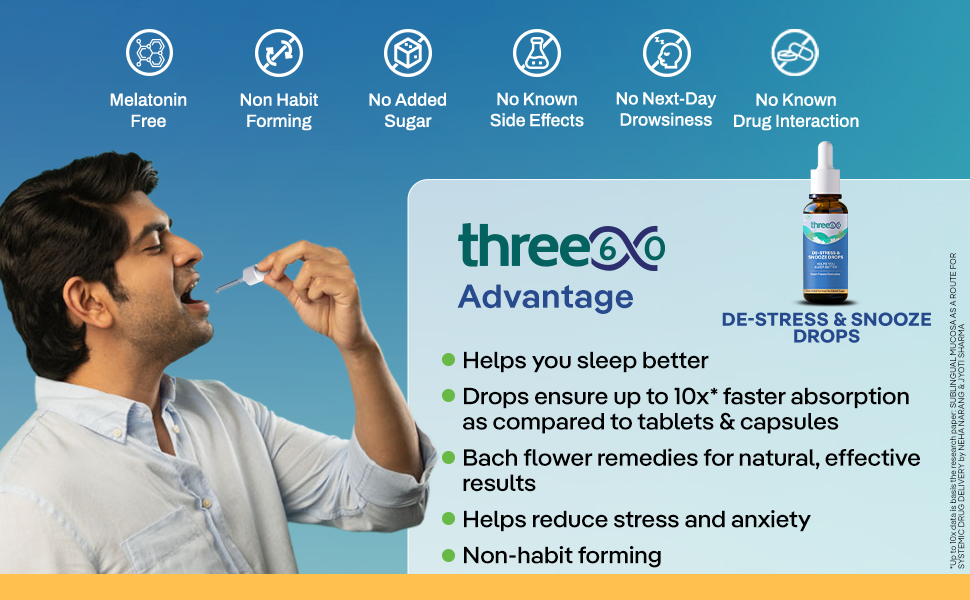 three60 De-Stress & Snooze Oral Drops | Melatonin-Free Sleep Supplement | Bach Flower Remedy for Stress & Anxiety Relief | Non-Habit Forming | Upto 10x Faster Absorption | No Added Sugar | Natural Ingredients | Pure Vegeterian (10ml, 30-Days Pack)
