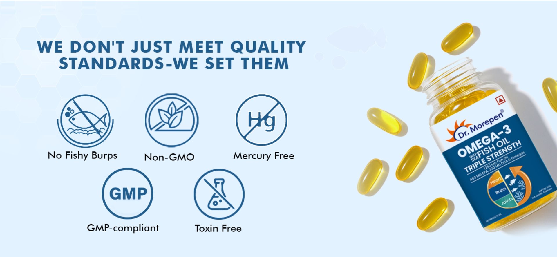 Dr. Morepen Omega-3 Fish Oil | 1250mg Triple Strength Fish Oil Softgel Capsules (450mg EPA & 300mg DHA) | For Joint & Heart Health (60 Capsules)