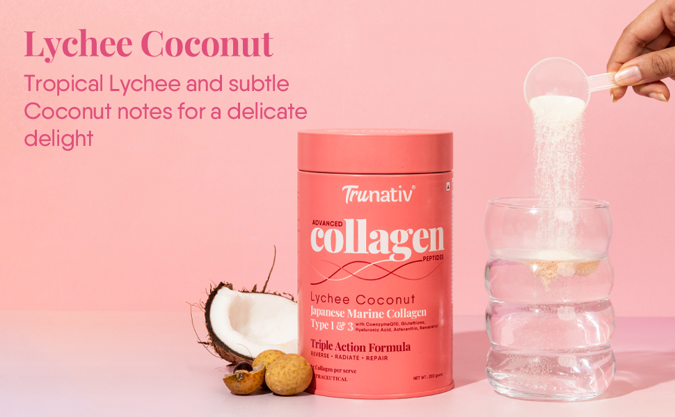 Trunativ Collagen Supplements | Advanced Japanese Marine Collagen Powder for Women & Men | Type 1 and 3 Hydrolyzed Peptides | Supplement with Hyaluronic Acid | Supports Skin Glow, Hair Growth, and Nail Strength | Lychee Coconut (200g)