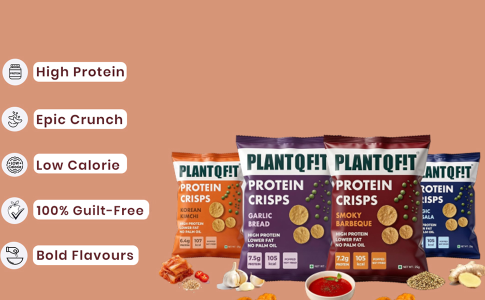 PLANTQFIT High Protein Chips-Savoury Crunchy Namkeen |56g Protein Per Combo, Baked Not Fried, Plant Based| Protein Chips and Snacks, Low Calorie Healthy Snacks for Adults | 8 Combo Packs | 4 Gourmet Flavours: Barbeque, Garlic Bread, Masala Magic, Korean Kimchi | Guilt-Free Diet Snack