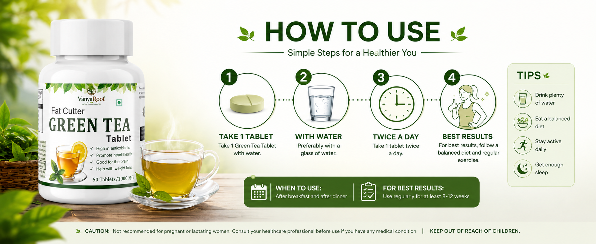 VanyaRoot Fat Cutter Green Tea Wellness Tablet | Herbal Supplement with Green Tea Extract for Daily Wellness, Active Lifestyle & Routine Support 1000 MG, High in Antioxidants, 60 Tablets (1)