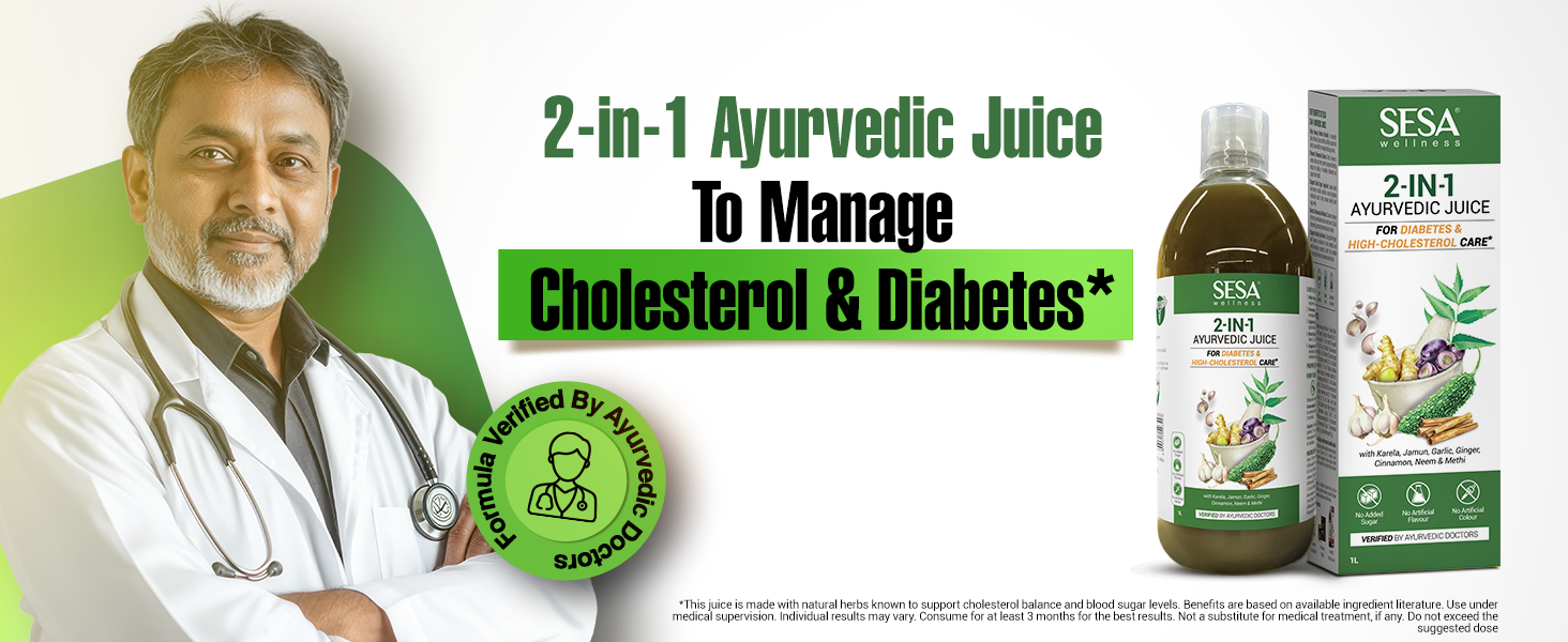 Sesa 2-in-1 Ayurvedic Juice – 1L | Supports Healthy Cholesterol & Blood Sugar Levels | With Karela, Jamun, Garlic & Cinnamon | No Added Sugar
