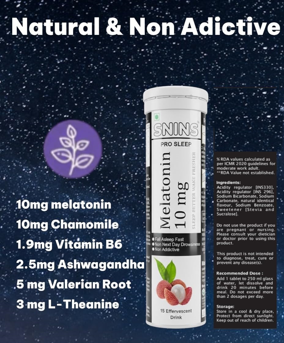 Pro Sleep 10 mg Melatonin 15 Effervescent & Stress Relief Vitamin with Ashwagandha No Added Sugar - 15 Litchi DRINK