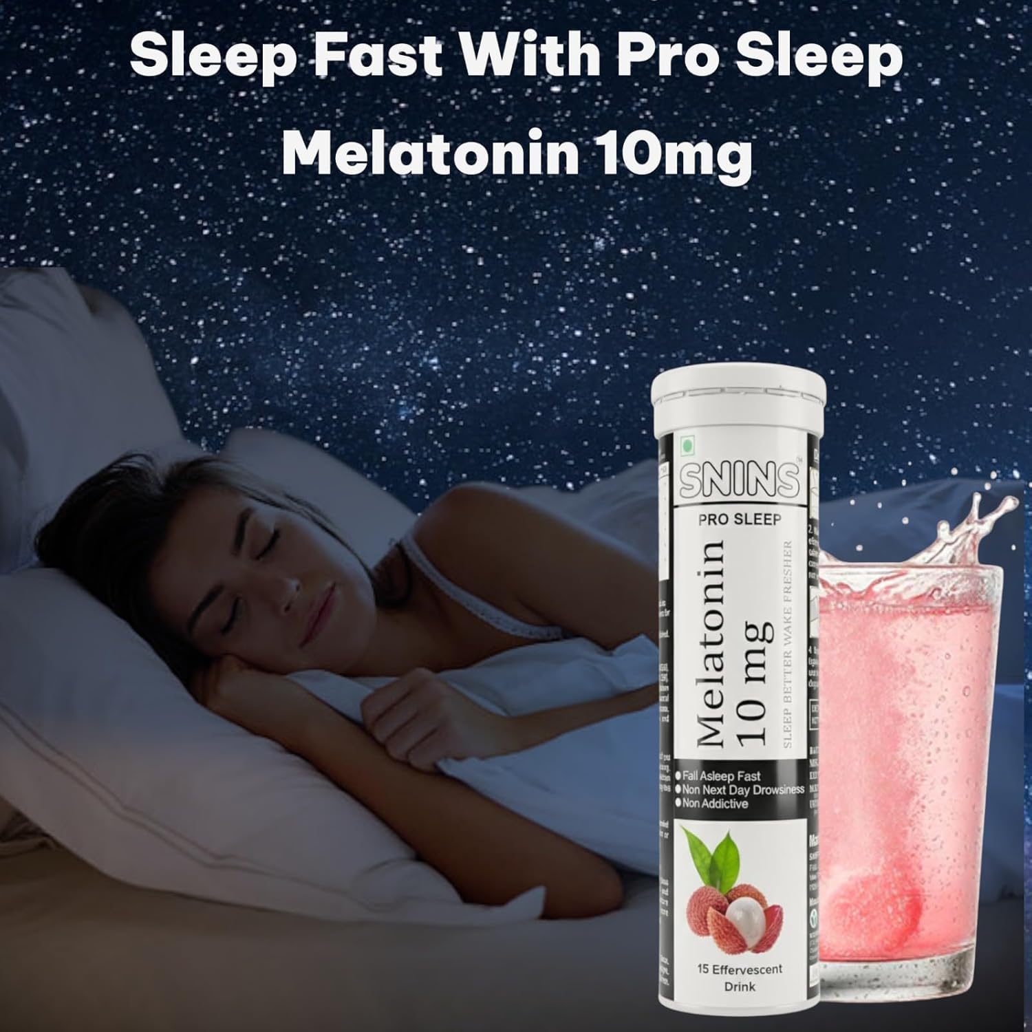 Pro Sleep 10 mg Melatonin 15 Effervescent & Stress Relief Vitamin with Ashwagandha No Added Sugar - 15 Litchi DRINK