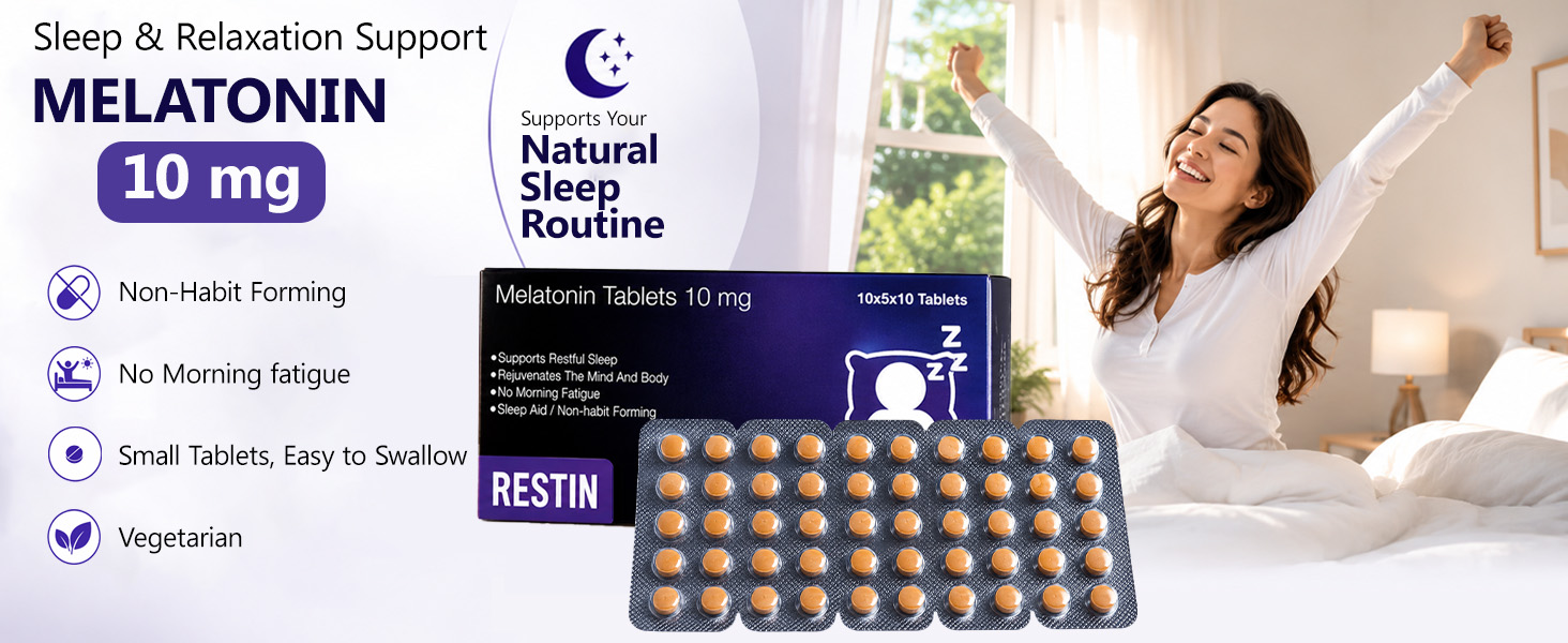 RESTIN Sleep Melatonin Tablets 10 mg for Men & Women | Oral Dissolving Mini Mints | Effervescent Tablets for Night-Time Routine | 50 Tablets (10 x 5 Tablets)