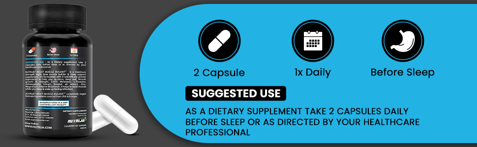 NutriJa Night Muscle Builder | Post Workout Recovery & Sleep Aid | Night Time Muscle Builder Supplement with Melatonin, ZMA, Tongkat Ali (60 Capsules)