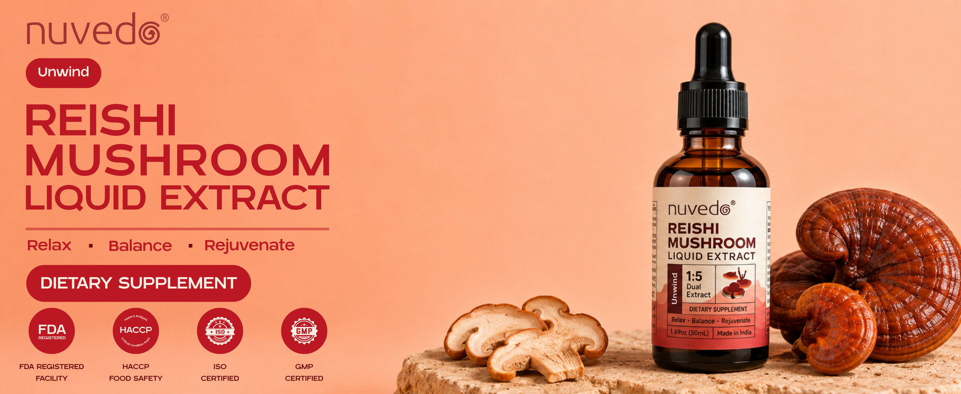 Nuvedo Reishi Mushroom Liquid Extract | 10 mL | 1:5 Dual Extract
