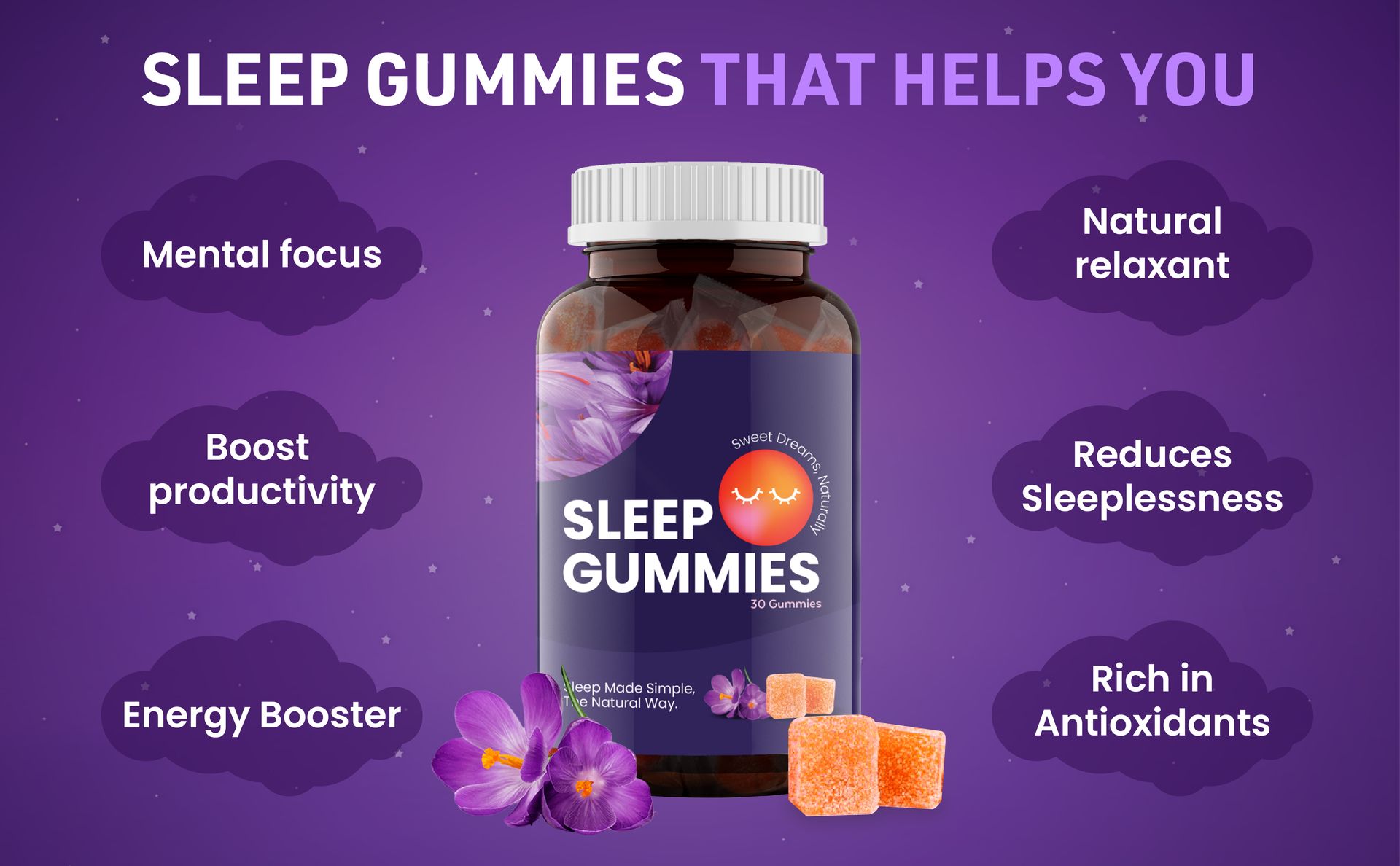 Natural Sleep Gummies - 30 Gummies for Men & Women | Award Winning Ingredient - AFFRON | Supplement for Deep Sleep and Muscle Recovery