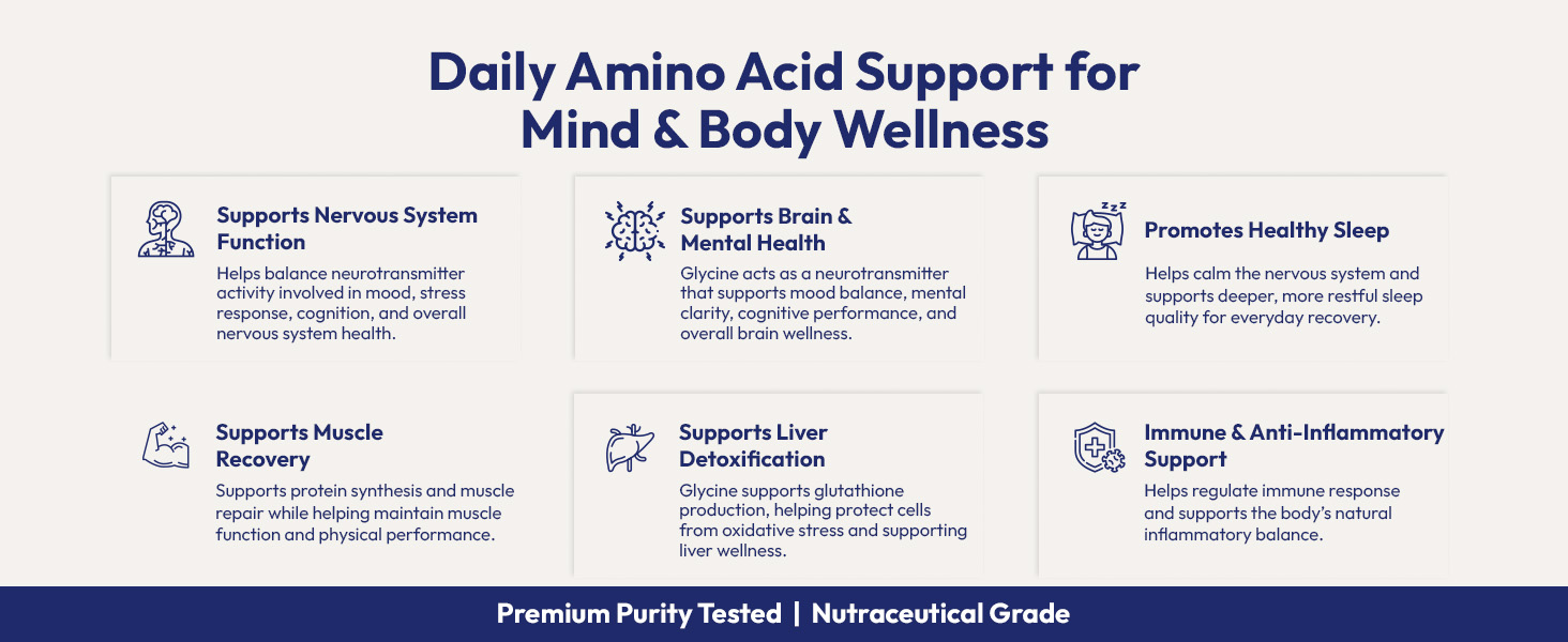 AIWO Glycine Powder 300 g | 99.9% Pure Amino Acid | Supports Nervous System & Brain Health | Promotes Relaxation, Healthy Sleep & Cognitive Balance | 60 Servings