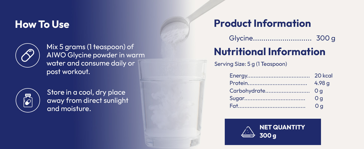 AIWO Glycine Powder 300 g | 99.9% Pure Amino Acid | Supports Nervous System & Brain Health | Promotes Relaxation, Healthy Sleep & Cognitive Balance | 60 Servings