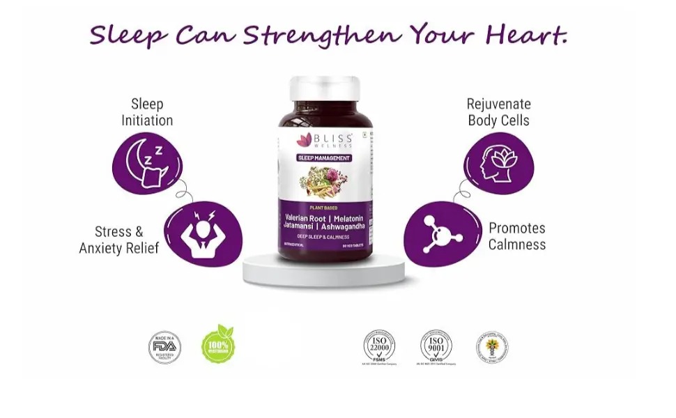 Bliss Welness Sleep Management Valerian Root Melatonin 5 mg Jatamansi Ashwagandha | For Good Sleep Cycle | Stress & Anxiety Relief Health Supplement - 60 Veg Tablets